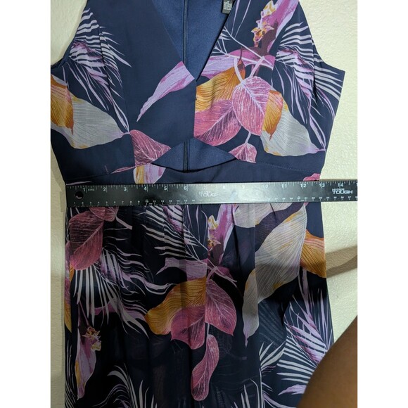 GUESS Dress 4 Tropical Print Chiffon High-Low Maxi Strappy Keyhole Navy Blue - Picture 11 of 13